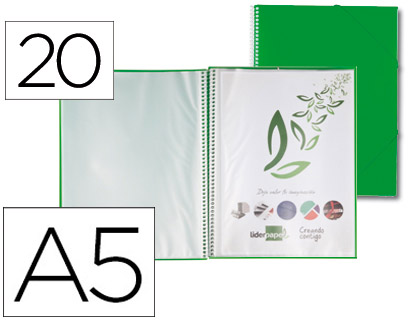 Carpeta con 20 fundas con espiral Liderpapel A5 polipropileno verde